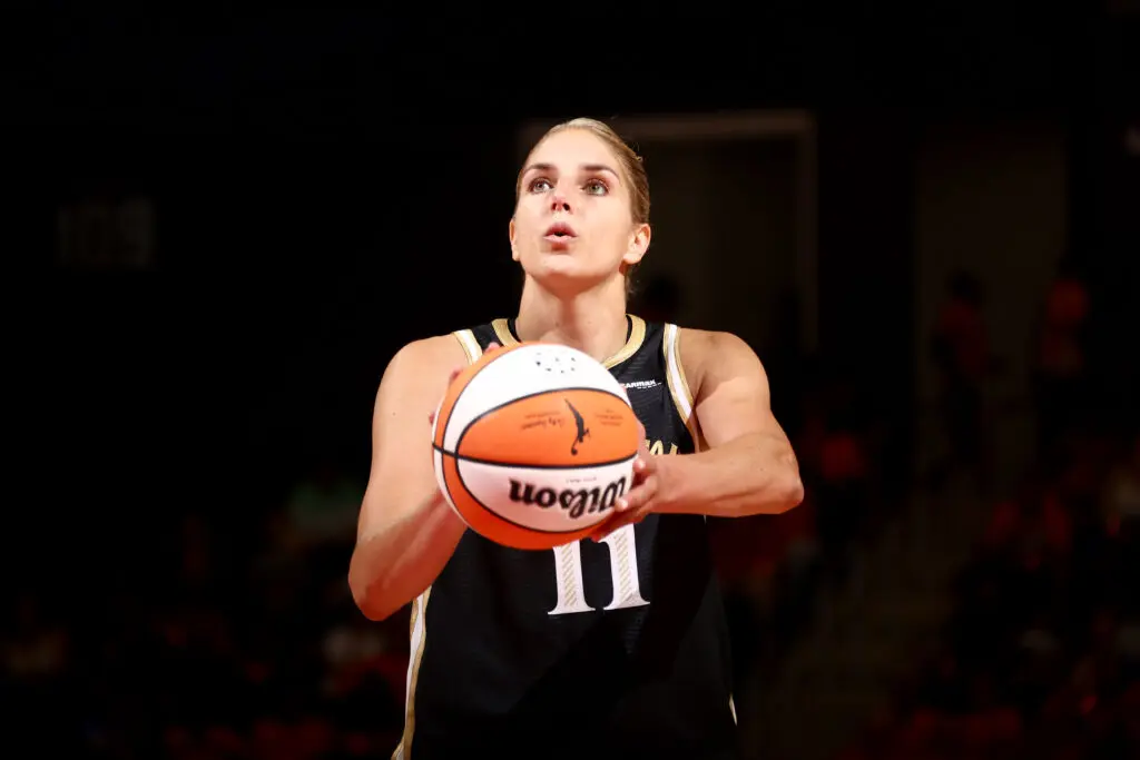 Washington Mystics star Elena Delle Donne shoots a free throw during a 2023 WNBA game.