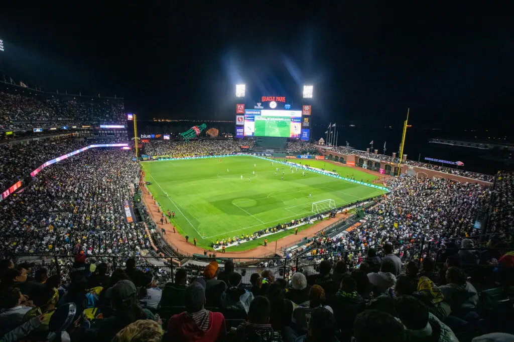 A wide view of San Francisco's Oracle Park set up for a 2022 soccer match.
