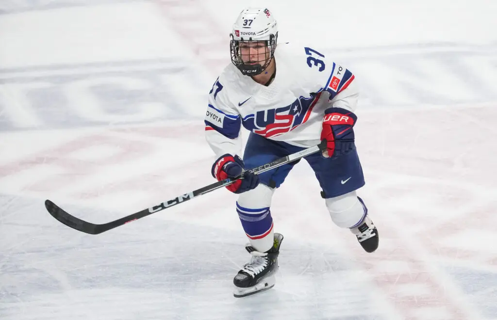Team USA's Abbey Murphy skates during a 2023 game against Canada.