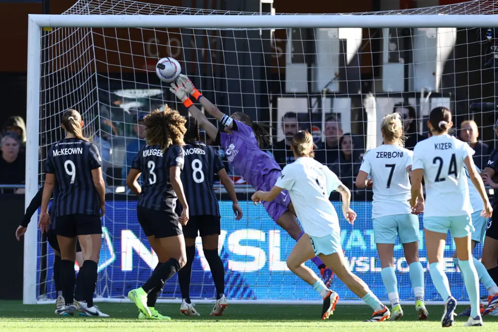 Washington goalkeeper Aubrey Kingsbury makes a save against East Coast rival Gotham during the 2024 NWSL semifinals.