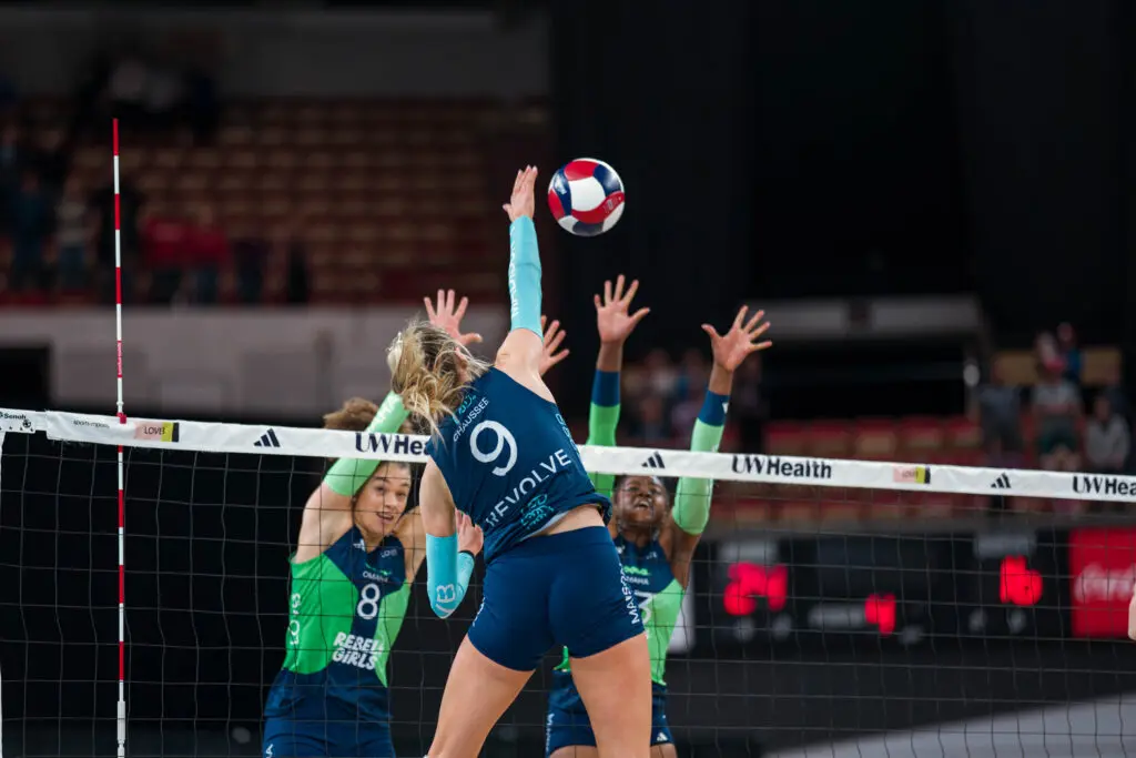 Madison's Claire Chaussee spikes the ball against Omaha during a 2025 LOVB match.