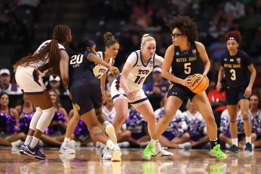 Notre Dame guard Olivia Miles controls the ball against TCU during the pair's 2025 Sweet 16 matchup.
