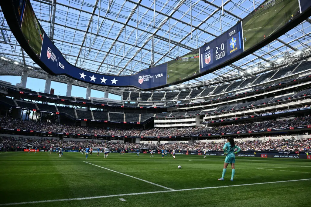 Goalkeeper Phallon Tullis-Joyce prepares to kick the ball during the USWNT's 2025 friendly win over Brazil.