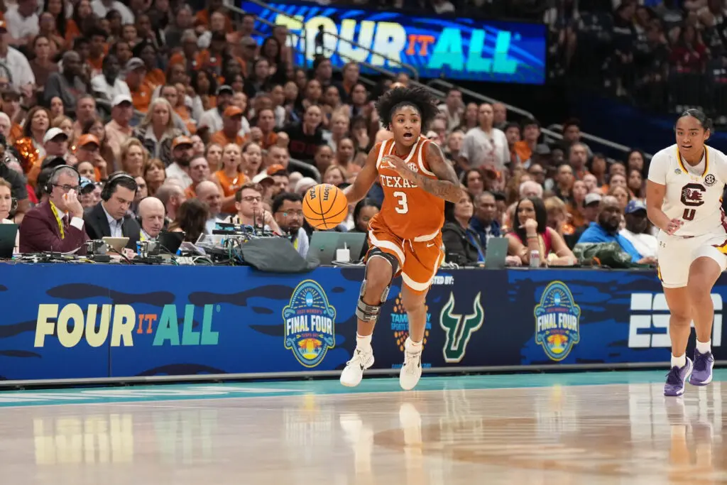 Rori Harmon dribbles the ball down the court during Texas's 2025 Final Four game.