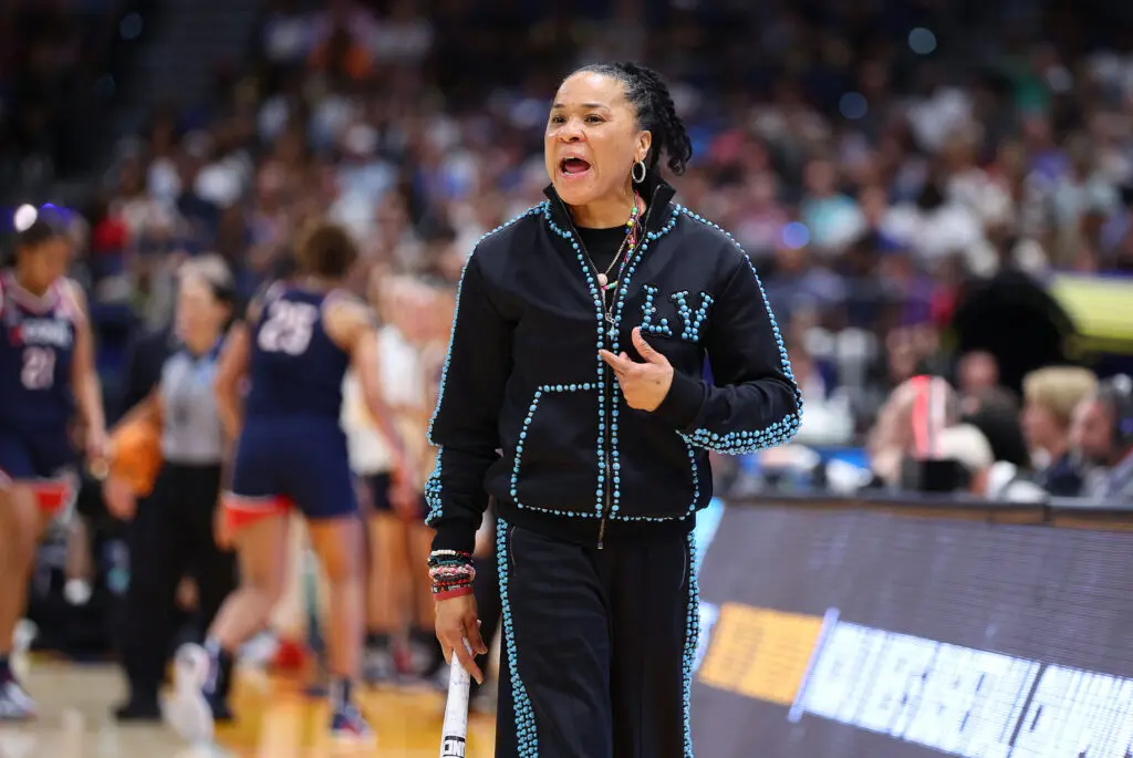 South Carolina head coach Dawn Staley calls out instructions from the sideline of the 2025 March Madness championship game.