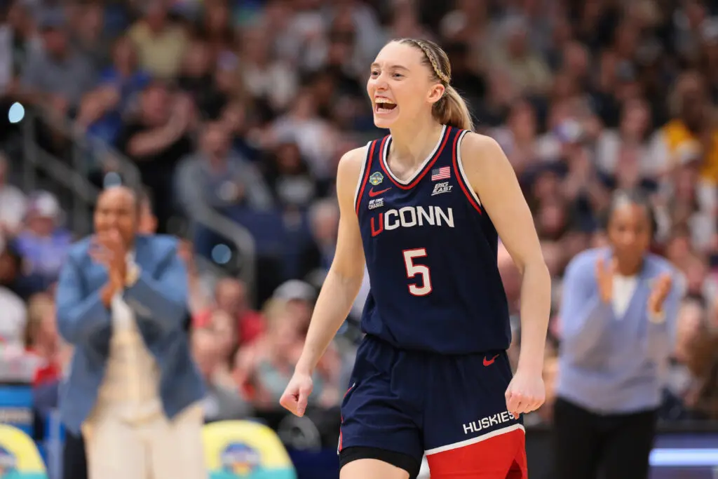 Paige Bueckers celebrates a play during UConn's 2024/25 NCAA championship win over South Carolina.