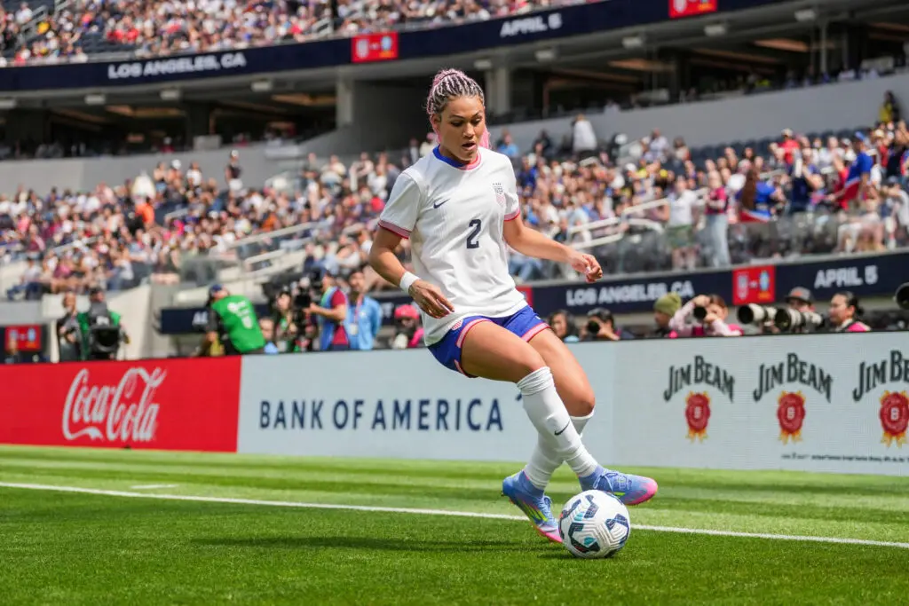USWNT star Trinity Rodman dribbles the ball during Saturday's friendly against Brazil.