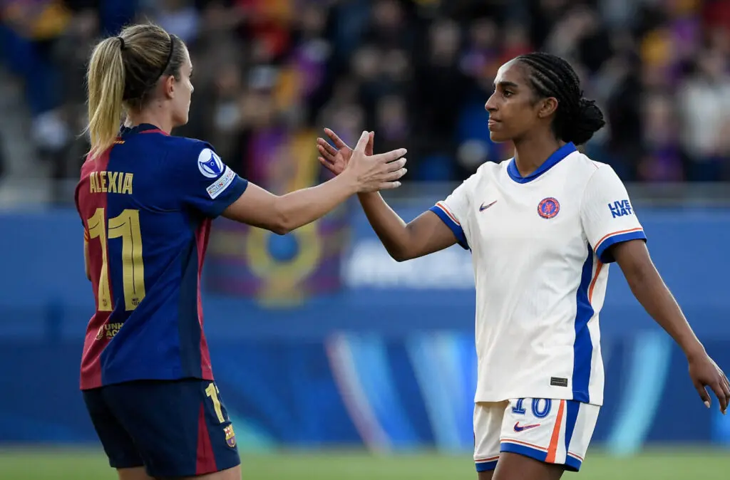 Barcelona's Alexia Putellas shakes hands with Chelsea's Naomi Girma after their 2024/25 Champions League semifinal.