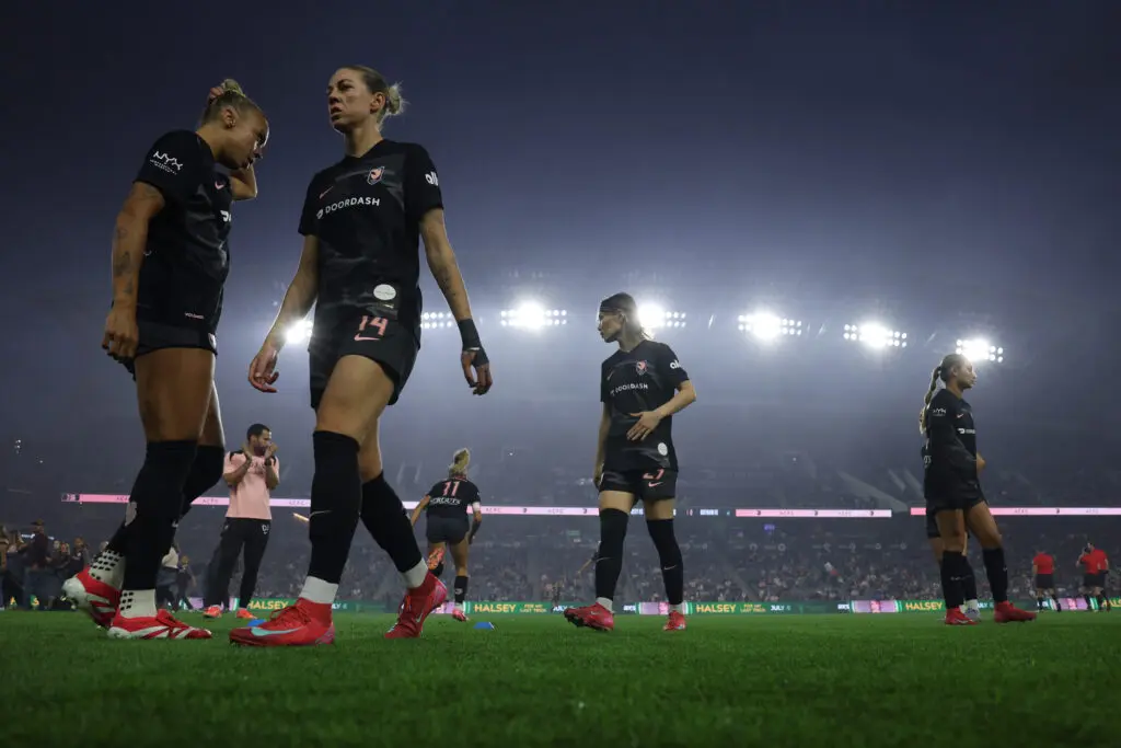Alanna Kennedy and her Angel City teammates react to their first 2025 NWSL loss on Friday.