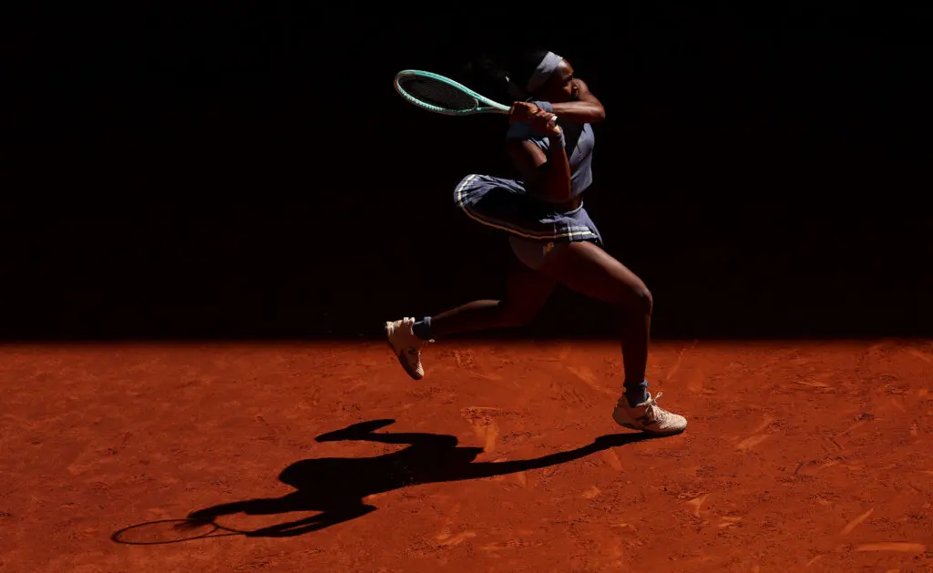 US star Coco Gauff returns the ball during her 2025 Madrid Open Round of 16 victory.