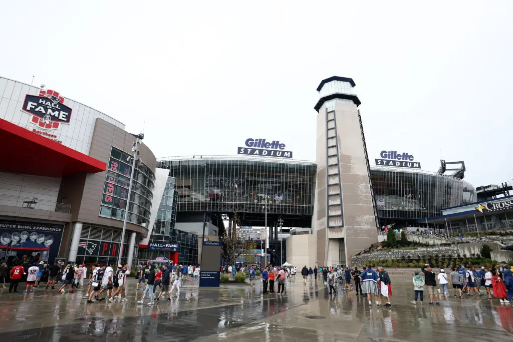 A view outside Foxborough's Gillette Stadium, home to the NFL's New England Patriots.