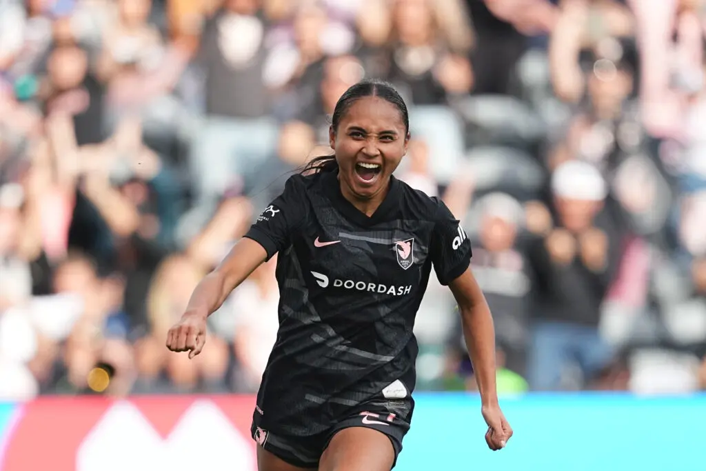 Angel City's Alyssa Thompson celebrates a goal during a 2025 NWSL match.