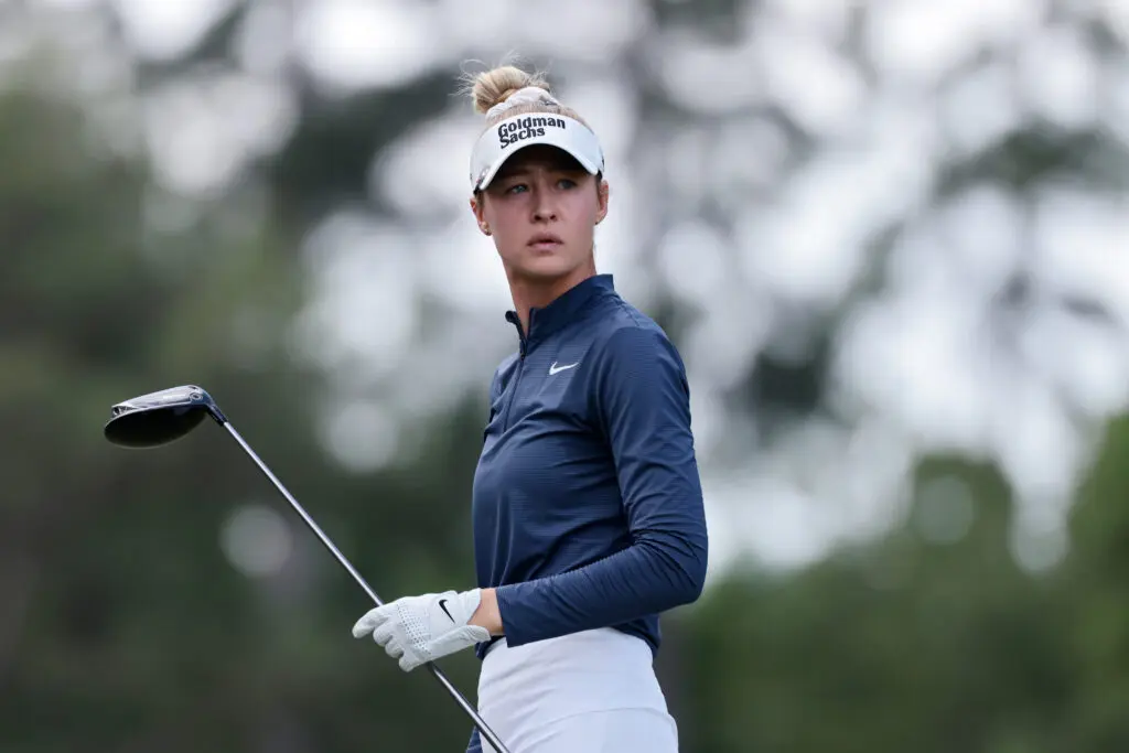 US golf star Nelly Korda watches a shot at the 2025 Chevron Championship.