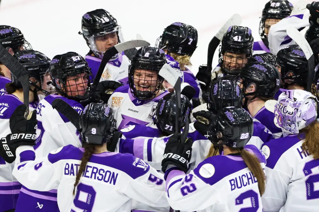 Minnesota Frost defender Lee Stecklein celebrates a goal with her teammates during the 2025 PWHL Semifinals.