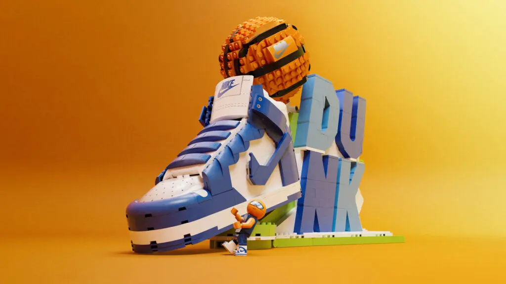 The 1,180-piece LEGO Nike Dunk set features an iconic Nike Dunk sneaker, a brick basketball, and the "Dunk" slogan.
