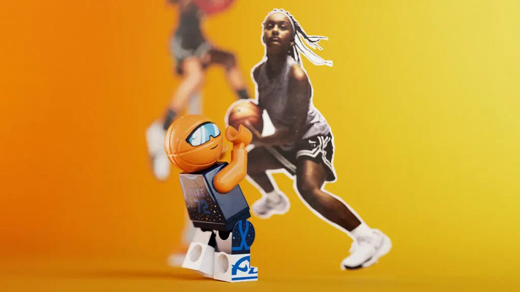 A graphic of a girl playing basketball and the LEGO Nike Dunk set's basketball Minifigure, B’Ball Head.