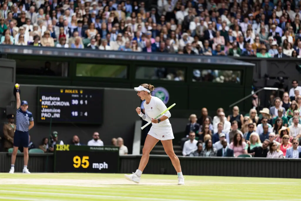 Czechia's Barbora Krejčíková celebrates a point during the 2024 Wimbledon final.