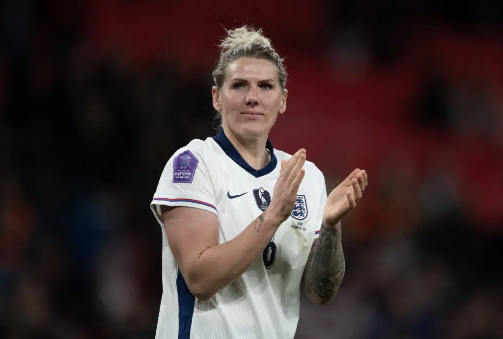England defender Millie Bright claps after a 2025 Nations League match against Spain.