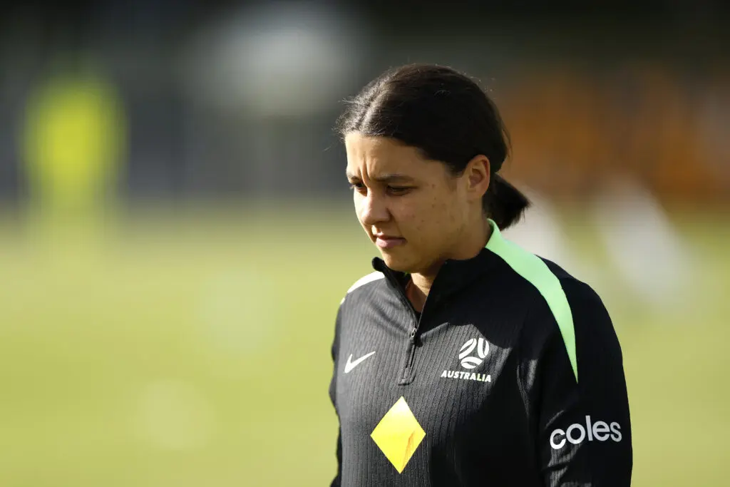 Australia striker Sam Kerr looks down at at 2025 Matildas training session.