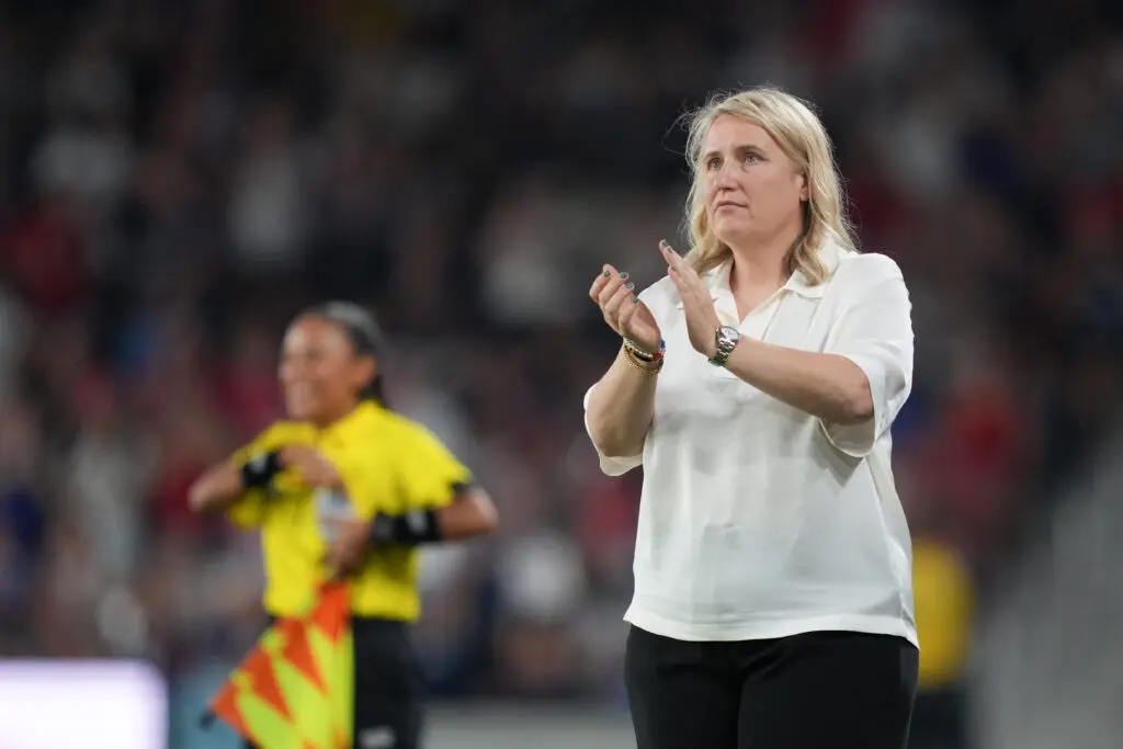 USWNT head coach Emma Hayes claps during a June 2025 friendly against Jamaica.