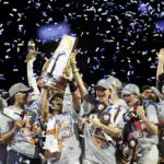 Texas softball lifts their first-ever NCAA championship trophy after winning the 2025 Women's College World Series.