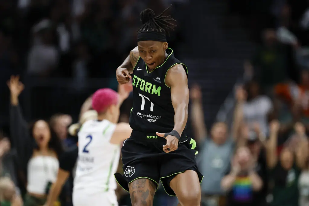 Seattle Storm guard Erica Wheeler celebrates during a 2025 WNBA game.