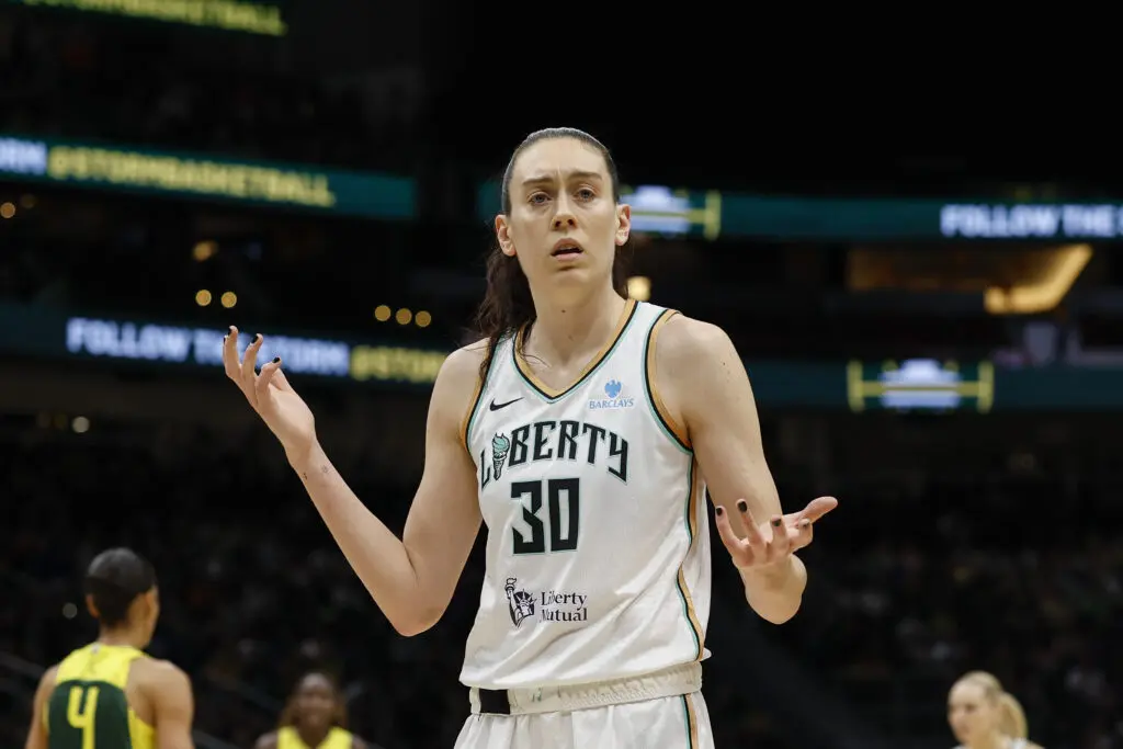New York Liberty forward Breanna Stewart gestures questioningly during a 2025 WNBA game.