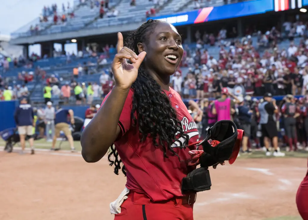 Pitcher NiJaree Canady celebrates Texas Tech's 2025 WCWS semifinals win over defending champion Oklahoma.