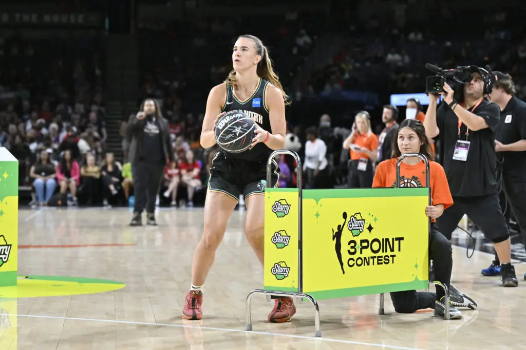 New York Liberty star Sabrina Ionescu lines up a shot during the 2023 WNBA All-Star 3-Point Contest.