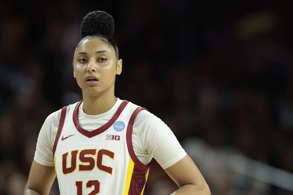 USC basketball star JuJu Watkins looks on during the Trojans' first-round game at the 2024/25 NCAA tournament.