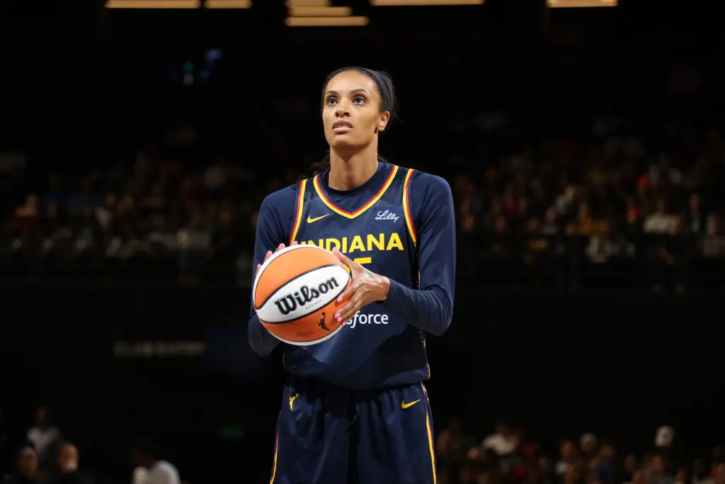 Indiana Fever forward DeWanna Bonner lines up a free throw during a 2025 WNBA game.