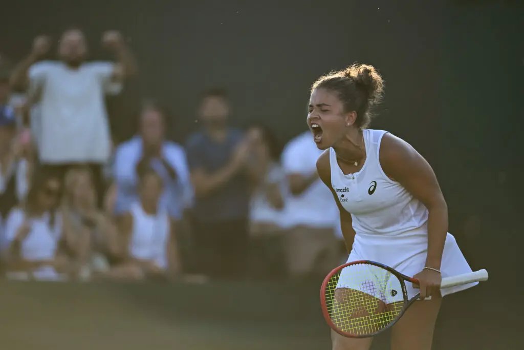 Italy's Jasmine Paolini celebrates her first-round win over Latvia's Anastasija Sevastova at the 2025 Wimbledon Championships