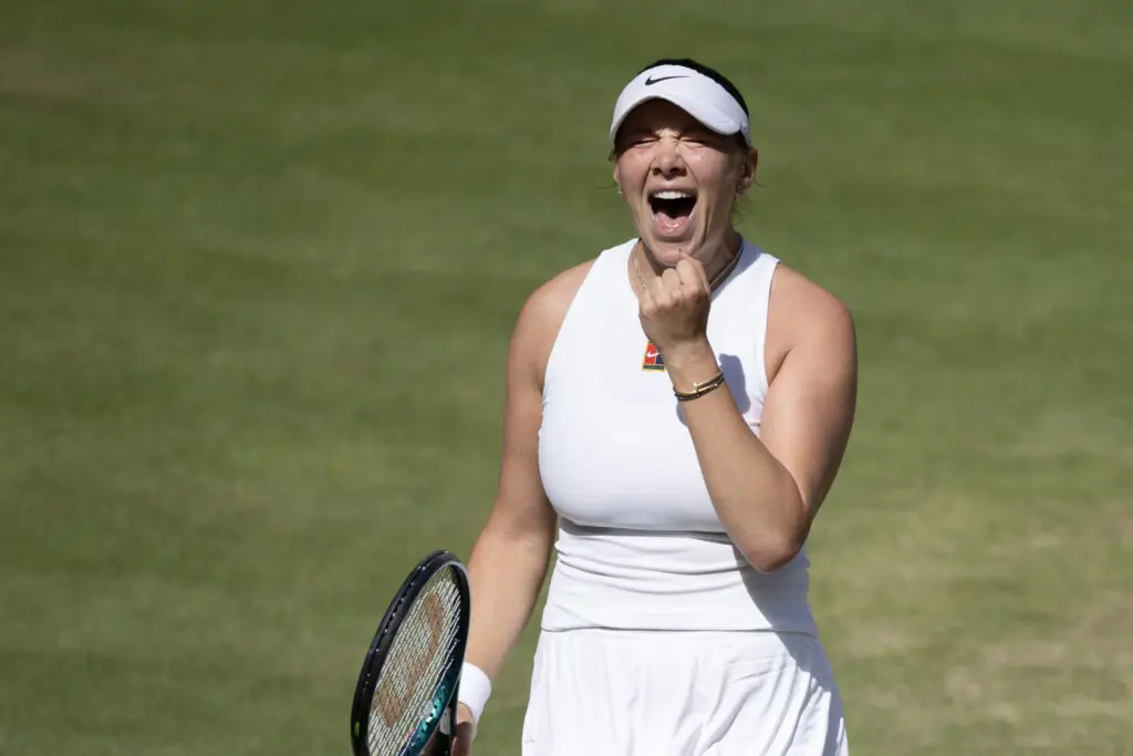 US tennis star Amanda Anisimova reacts to her 2025 Wimbledon semifinal win over Aryna Sabalenka.