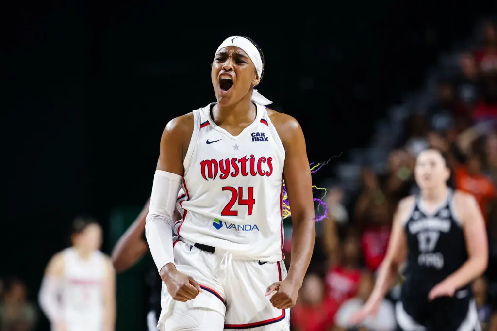 Washington Mystics forward Aaliyah Edwards celebrates a play during a 2025 WNBA game.