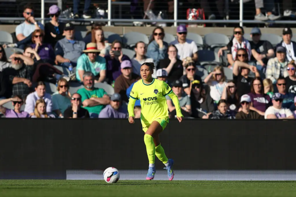 Washington Spirit forward Trinity Rodman dribbles the ball during an April 2025 NWSL match.