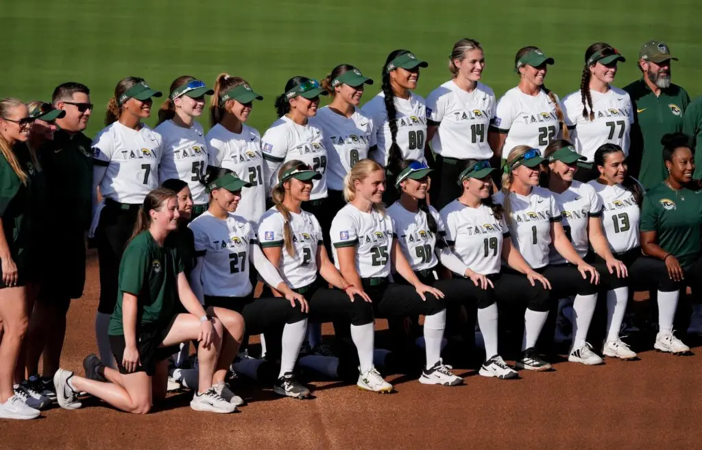 Former University of Alabama star pitcher Montana Fouts returned to Rhoads Stadium for the first time as a professional, pitching for the Talons of the Athletes United Softball League as they played the Volts.