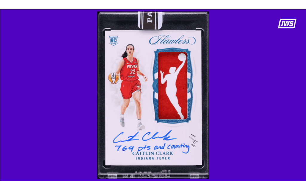 A graphic depicting the record-breaking signed Caitlin Clark 2024 Panini Flawless WNBA Platinum Rookie Logowoman Patch card.