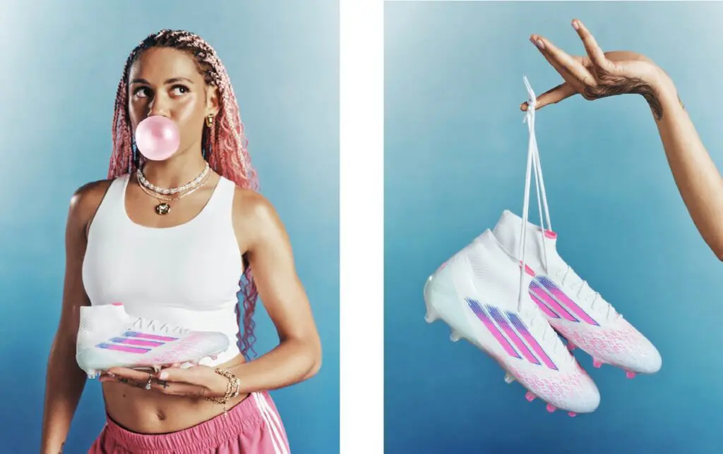 NWSL and USWNT star Trinity Rodman poses with her Adidas Player Edition cleats.