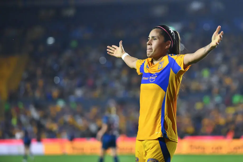 Tigres UANL forward Lizbeth Ovalle celebrates a goal during a 2024 Liga MX match.