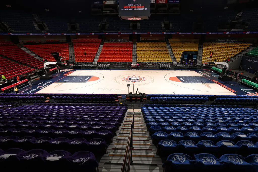 Mohegan Sun Arena, home to the WNBA's Connecticut Sun, sits empty before a 2025 game.