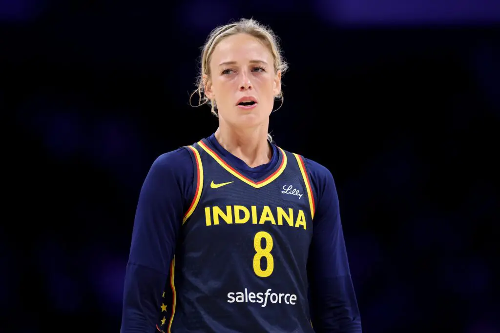 Indiana Fever guard Sophie Cunningham looks on during a 2025 WNBA game.