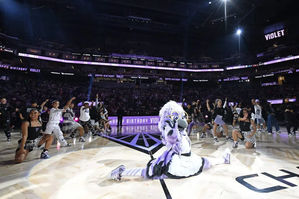 The Golden State Valkyries debut their new mascot Violet the Raven during an August 2025 WNBA game.