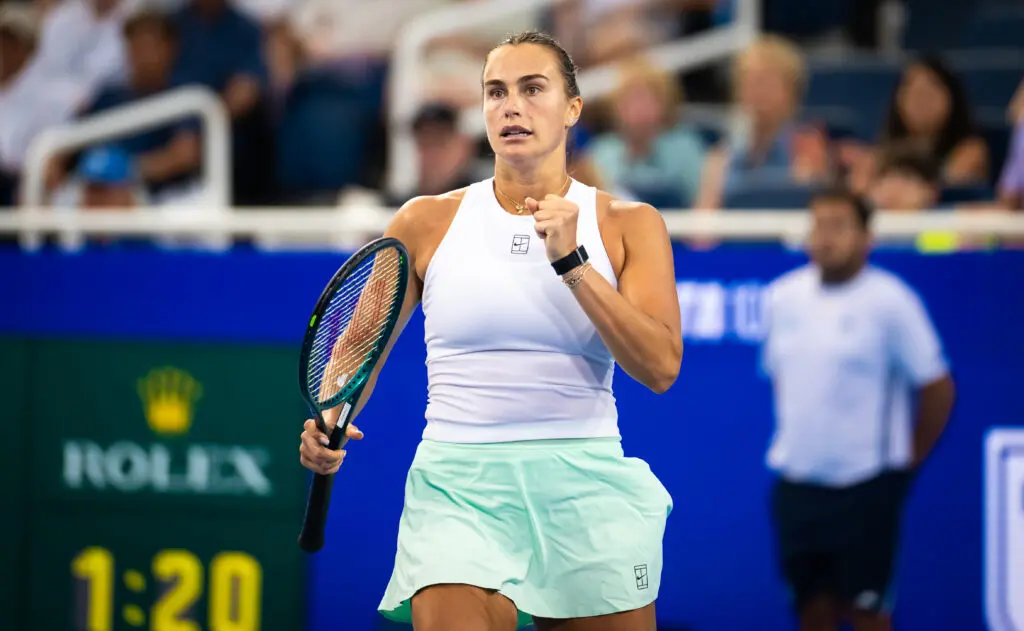 Aryna Sabalenka celebrates a point during a 2025 Cincinnati Open match.