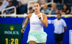 Aryna Sabalenka celebrates a point during a 2025 Cincinnati Open match.