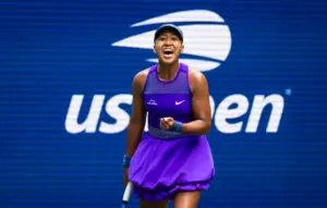 Tennis star Naomi Osaka reacts to her second-round victory at the 2025 US Open.