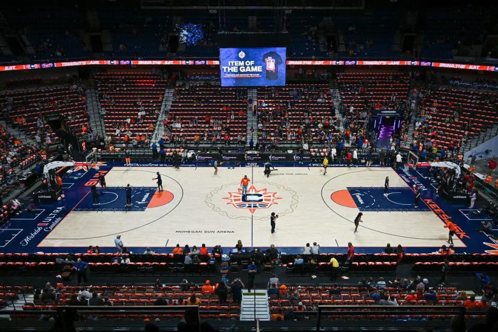 A wide view of the Mohegan Sun Arena court before a 2024 WNBA Playoffs game