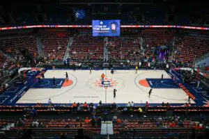 A wide view of the Mohegan Sun Arena court before a 2024 WNBA Playoffs game