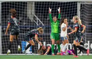 Chicago Stars veteran goalkeeper Alyssa Naeher celebrates her first-ever NWSL goal during an August 2025 match against the Seattle Reign.