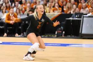 Texas libero Emma Halter eyes the ball during the 2023 NCAA volleyball championship game.