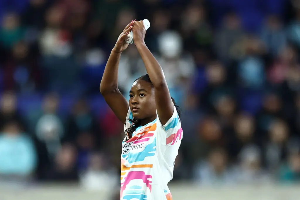 San Diego Wave attacker Jaedyn Shaw raises her hands to the crowd during the 2024 NWSL Challenge Cup against Gotham FC.